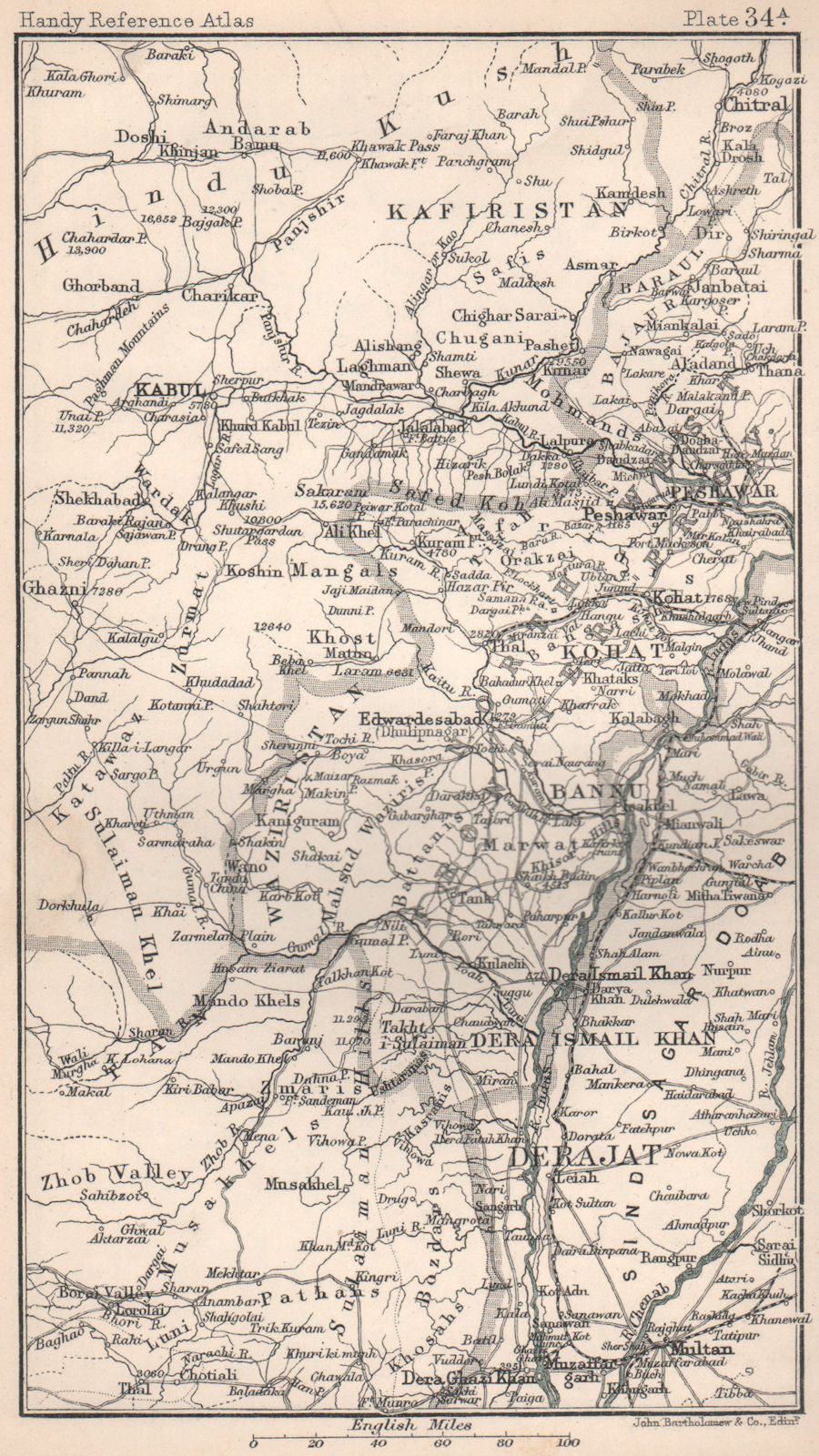 Derajat Kabul Peshawar Multan. Afghanistan Pakistan. BARTHOLOMEW 1904 old map