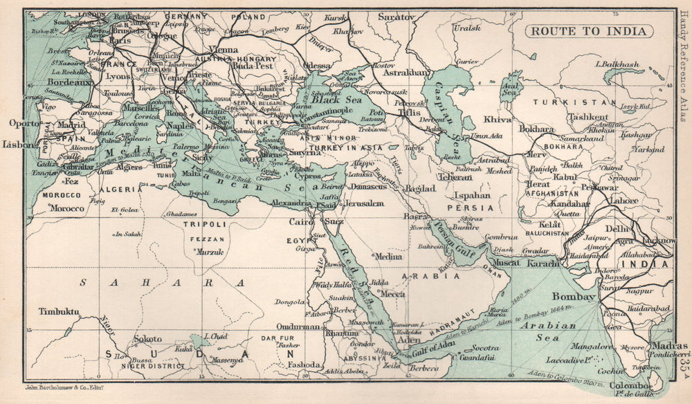 Routes to India from UK. British India. BARTHOLOMEW 1904 old antique map chart
