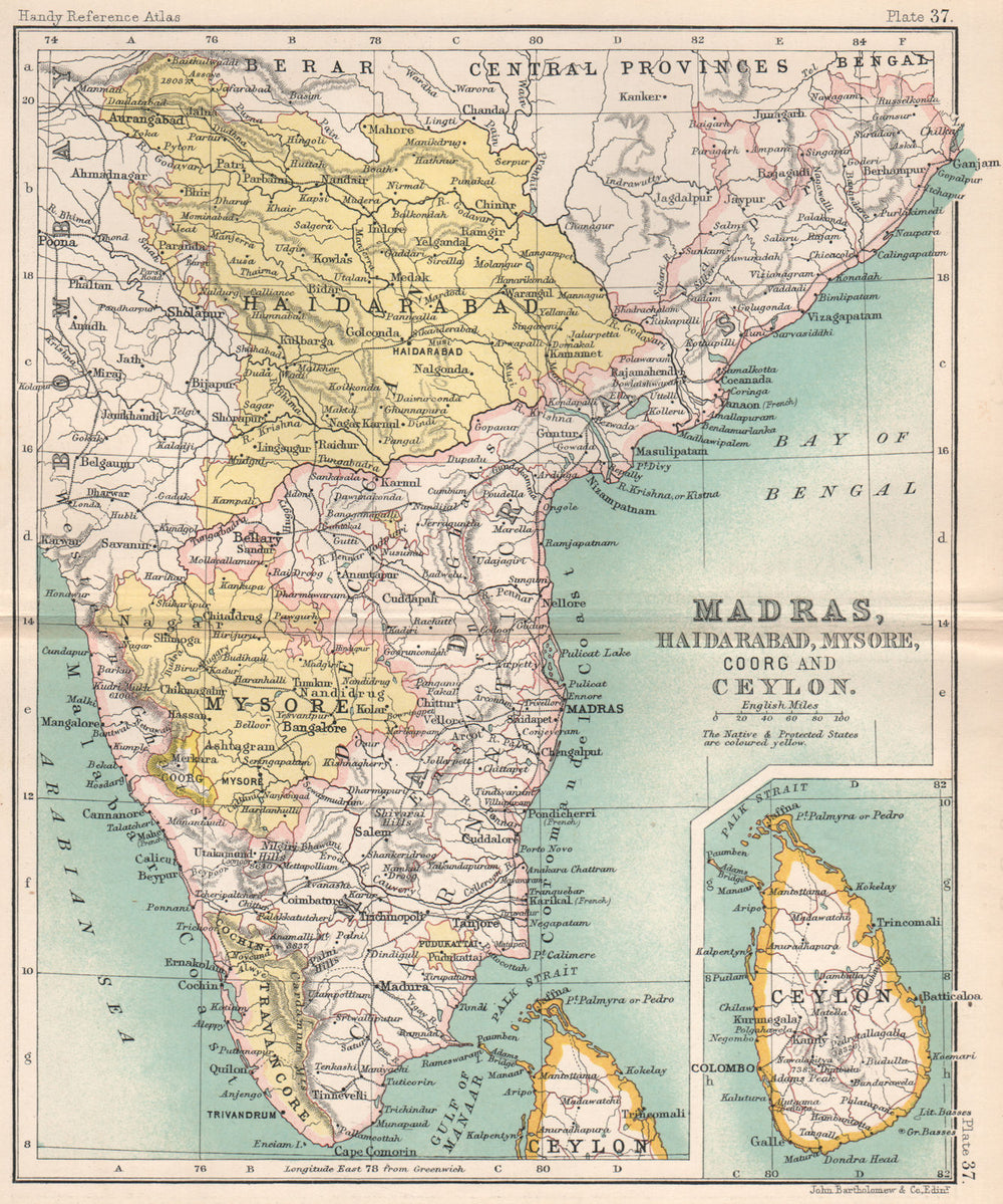 Southern British India. Madras, Haidarabad, Mysore, Coorg and Ceylon 1904 map