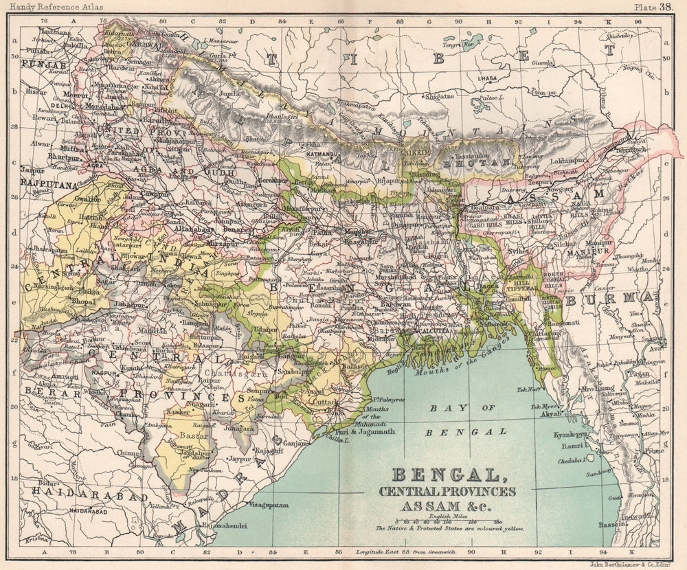 NE British India. Bengal, Central Provinces, Assam, &c. BARTHOLOMEW 1904 map