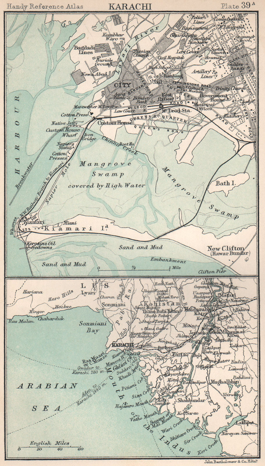 Karachi city plan and environs. Pakistan. BARTHOLOMEW 1904 old antique map