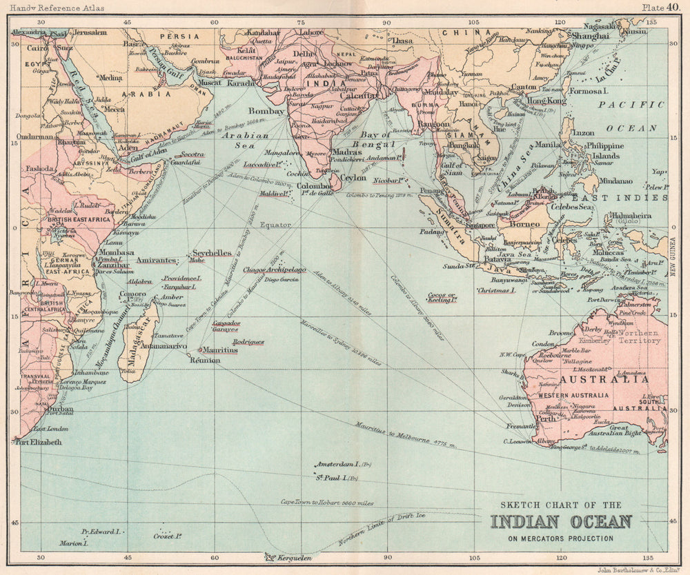 Sketch chart of the Indian Ocean. British territories in pink 1904 old map