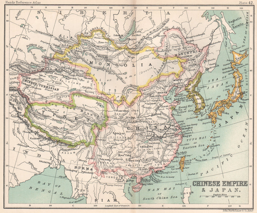 Chinese Empire and Japan. Tibet Chinese Turkistan Mongolia Korea. China 1904 map