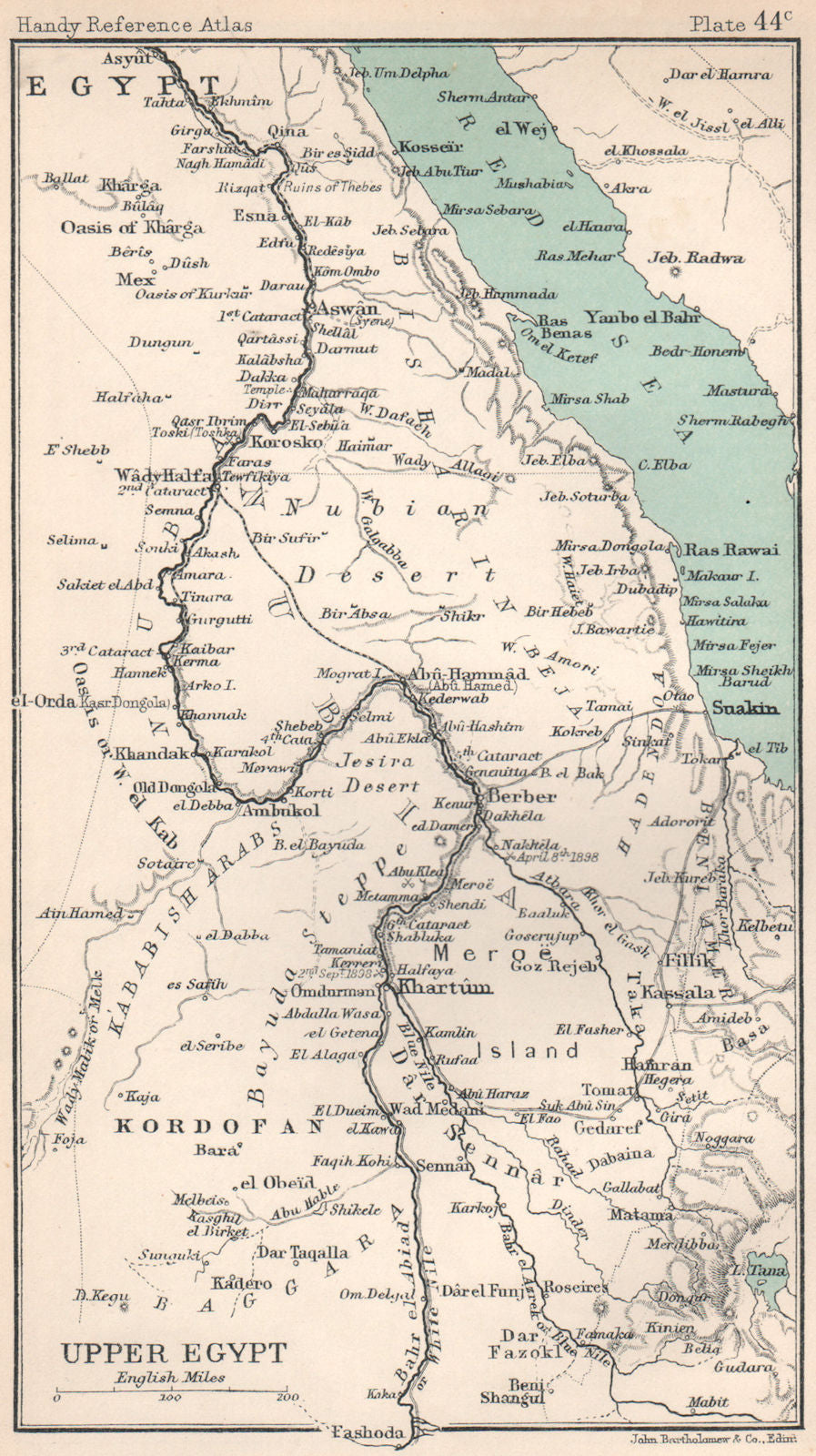 Upper Egypt. Nile Valley. Sudan. Red Sea. BARTHOLOMEW 1904 old antique map