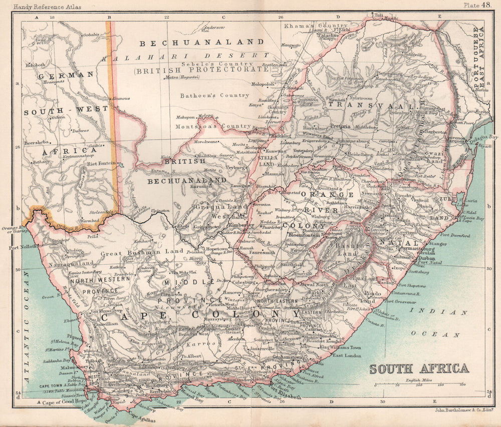Cape Colony Bechuanaland Botswana. Southern Africa. BARTHOLOMEW 1904 old map