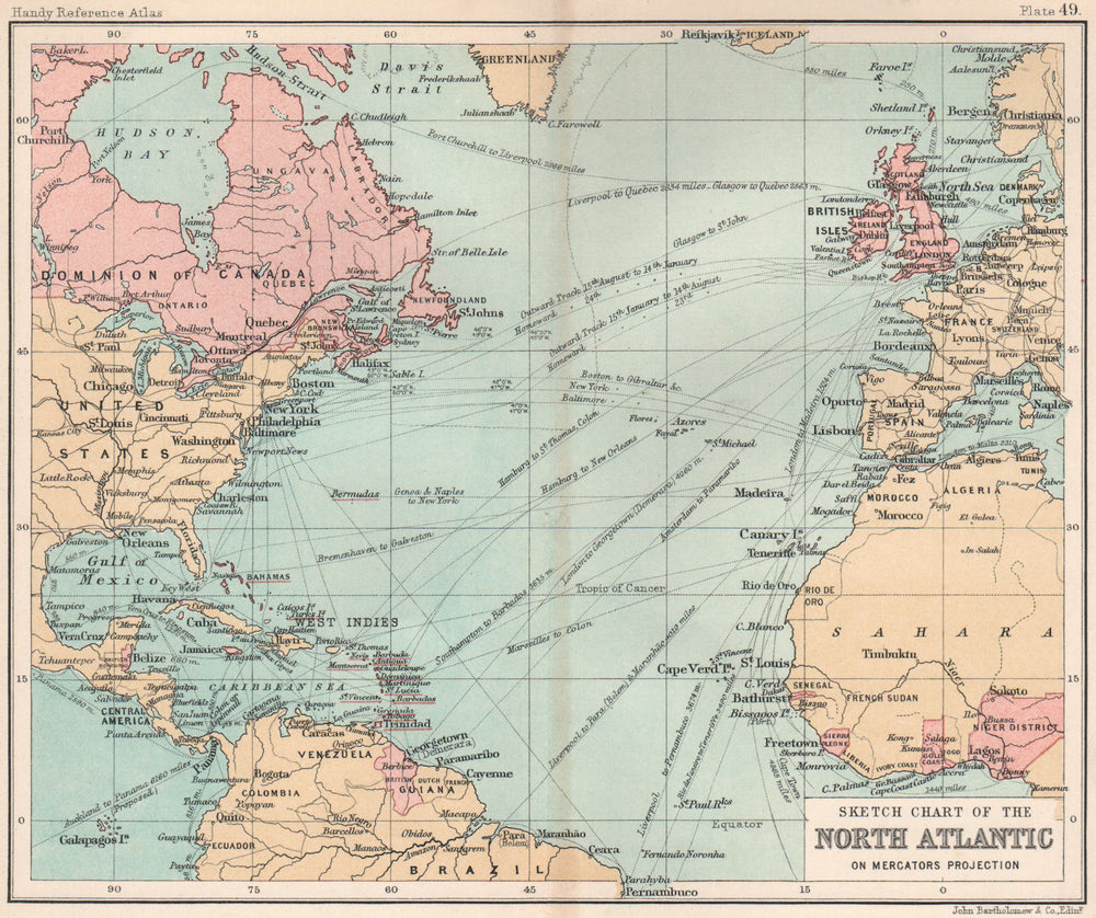 Sketch Chart of the North Atlantic. Shipping routes. BARTHOLOMEW 1904 old map