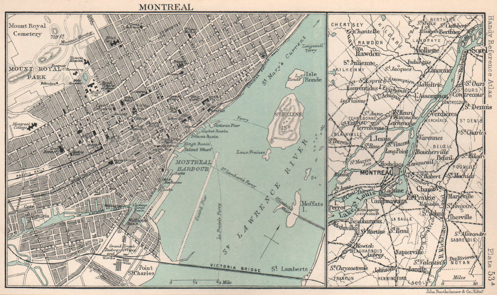 Montreal town/city plan & environs. Quebec. BARTHOLOMEW 1904 old antique map