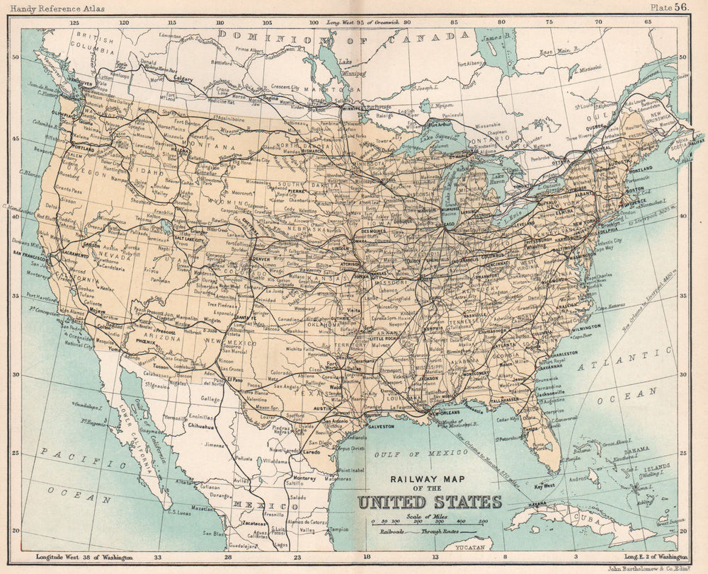 Railway Map of United States. USA. BARTHOLOMEW 1904 old antique plan chart