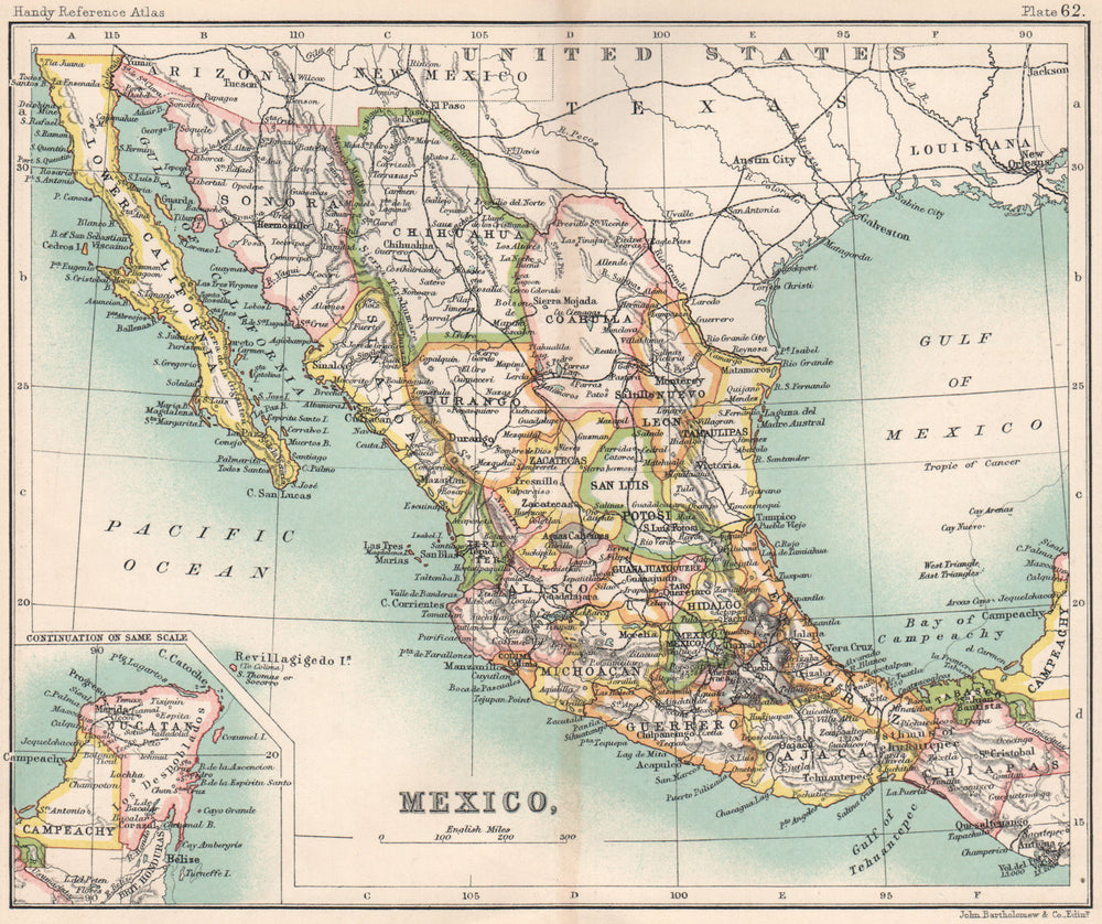 Mexico showing states. BARTHOLOMEW 1904 old antique vintage map plan chart