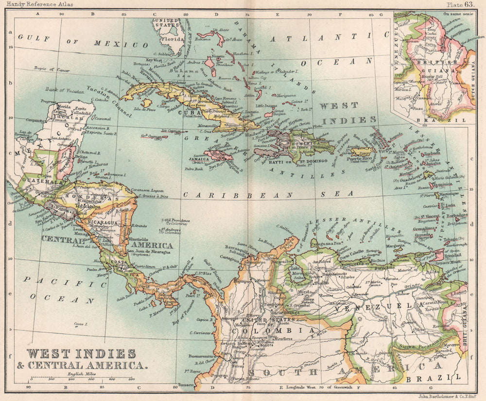 West Indies and Central America; Inset British Guiana. Caribbean 1904 old map
