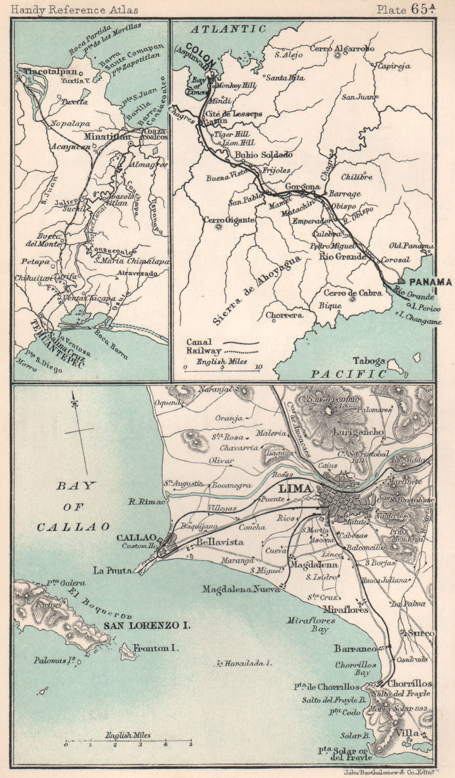 Environs of Lima & Callao. Panama Canal. South America. BARTHOLOMEW 1904 map