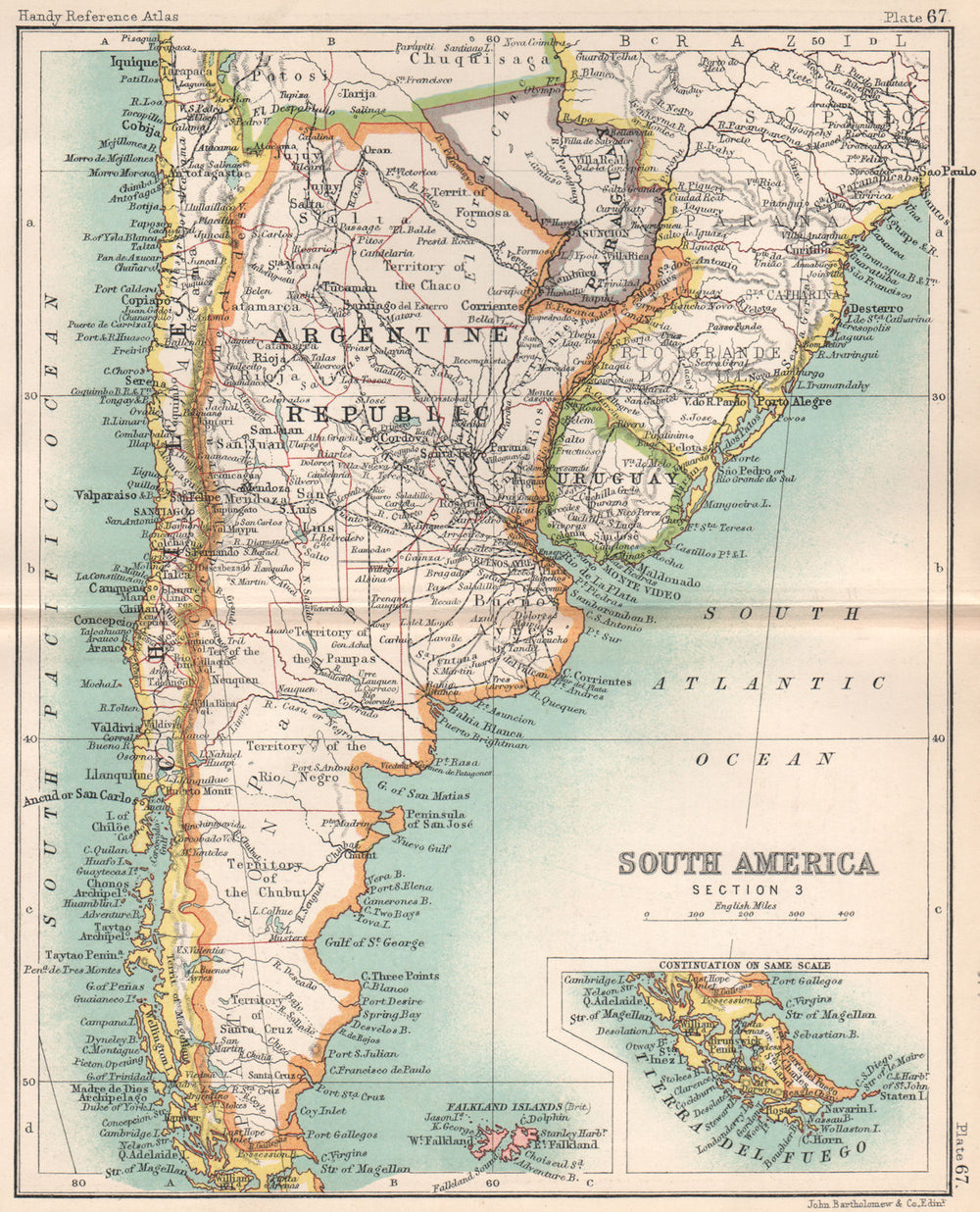 South America. Argentine Republic Chile Uruguay. BARTHOLOMEW 1904 old map