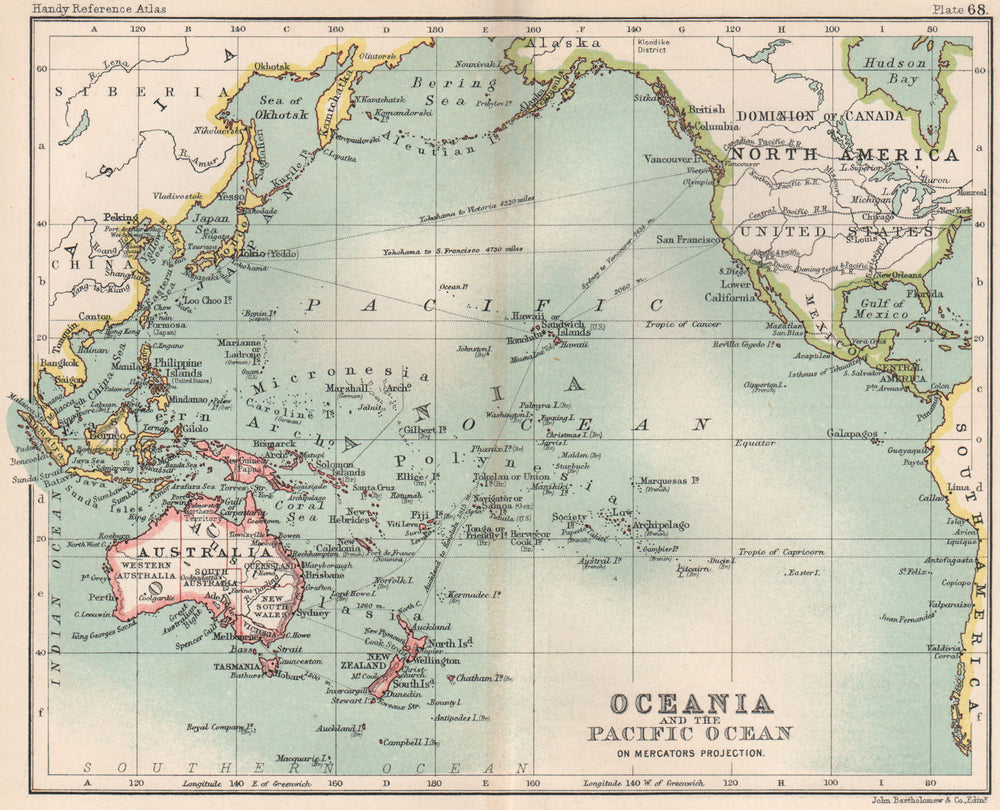 Oceania and The Pacific Ocean on Mercator's projection. Australasia 1904 map