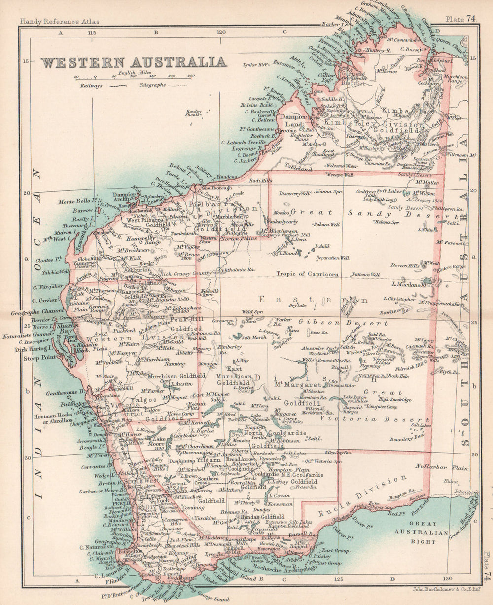 Western Australia state map showing goldfields. BARTHOLOMEW 1904