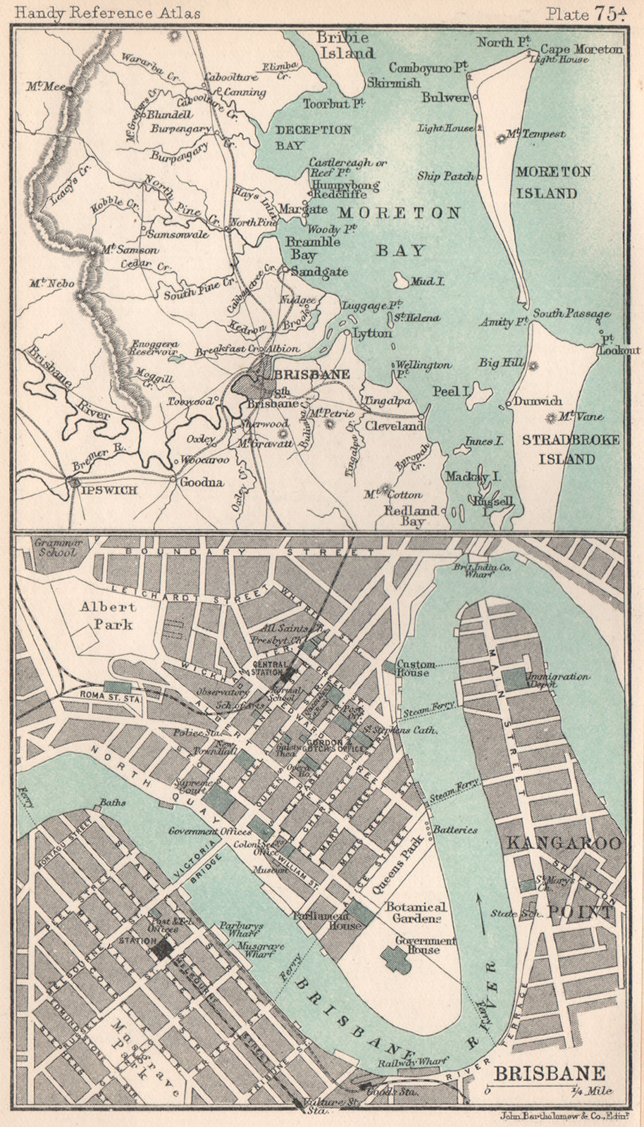 Brisbane town/city plan. Moreton Bay. Queensland. BARTHOLOMEW 1904 old map