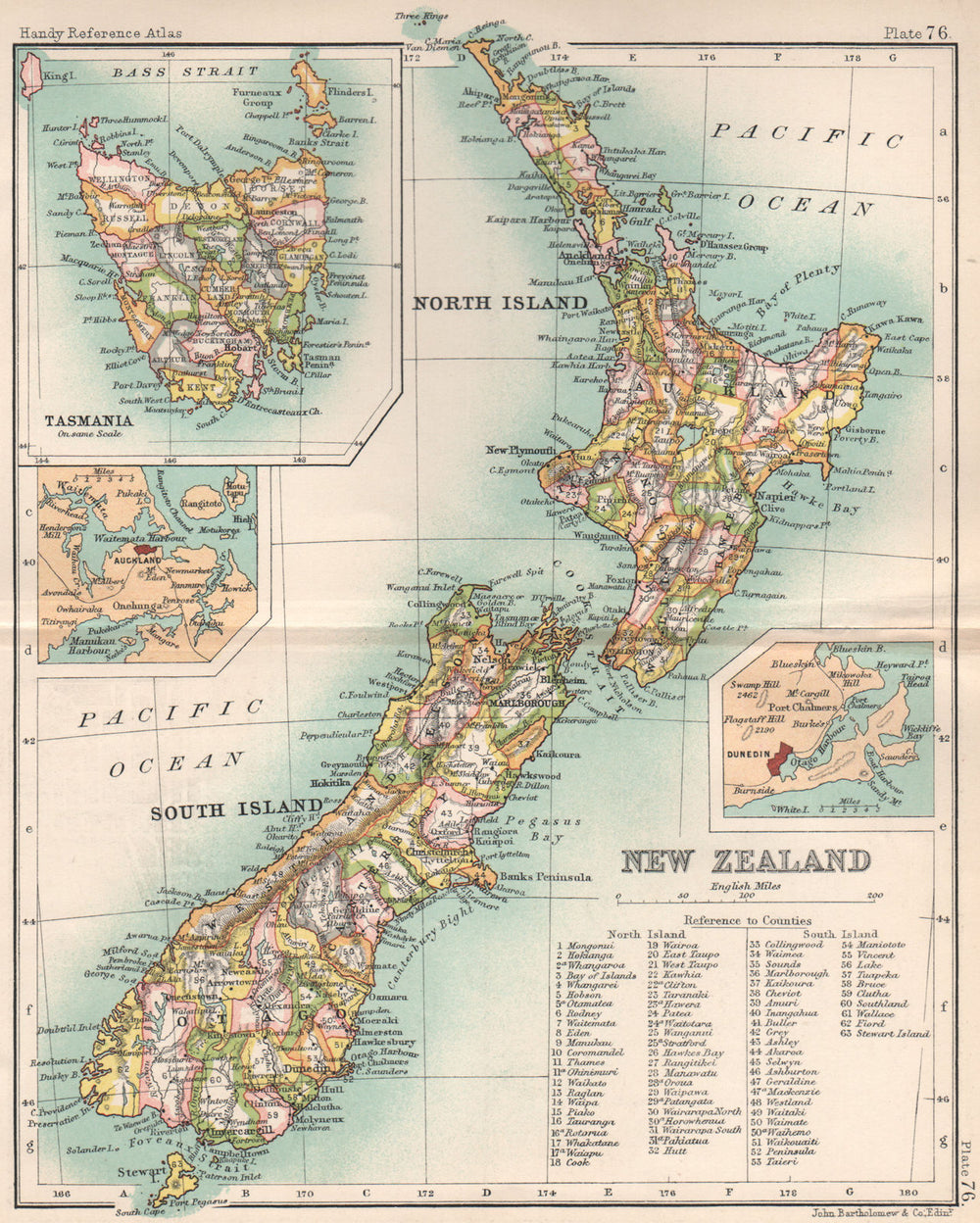 New Zealand showing counties. Inset Tasmania Auckland Dunedin 1904 old map