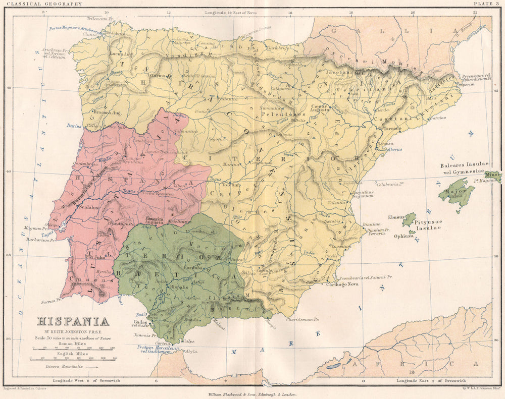 'Hispania'. Ancient Iberia. Lusitania Baetica Tarraconensis. JOHNSTON 1855 map