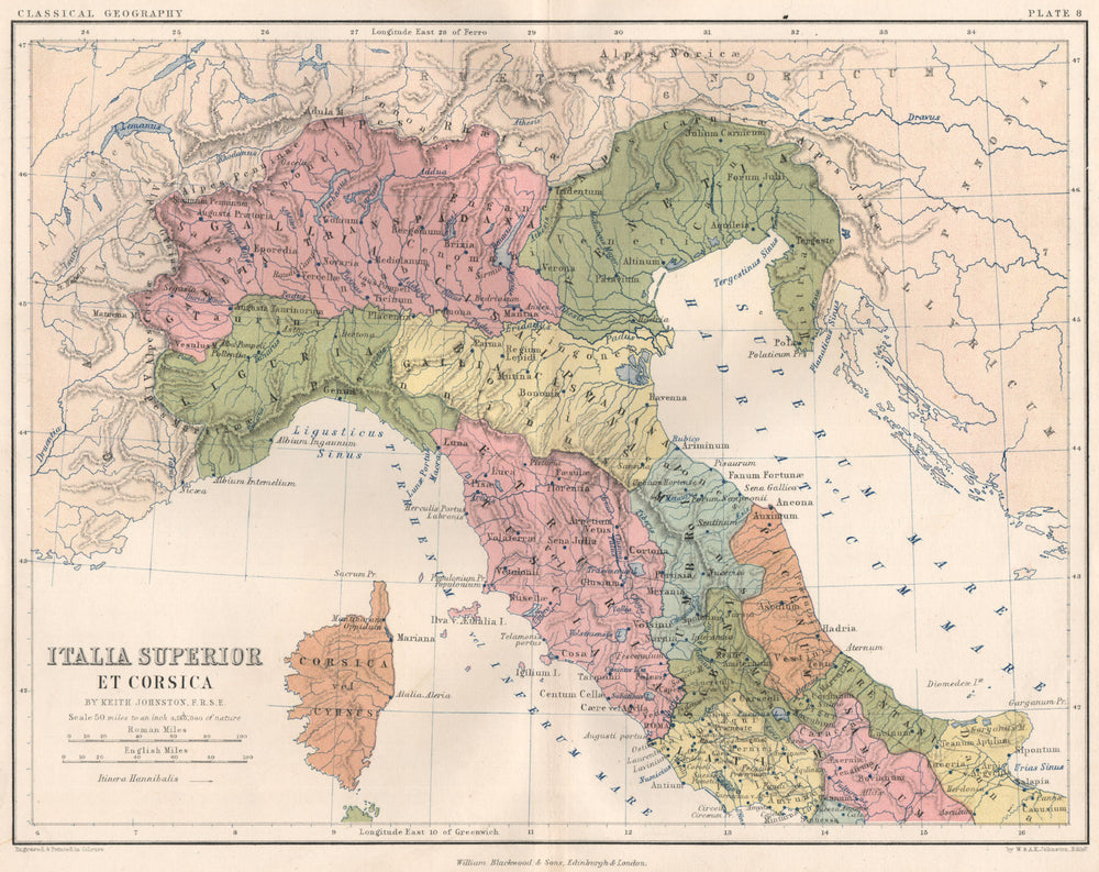 'Italia Superior et Corsica'. Northern Ancient Italy. JOHNSTON 1855 old map