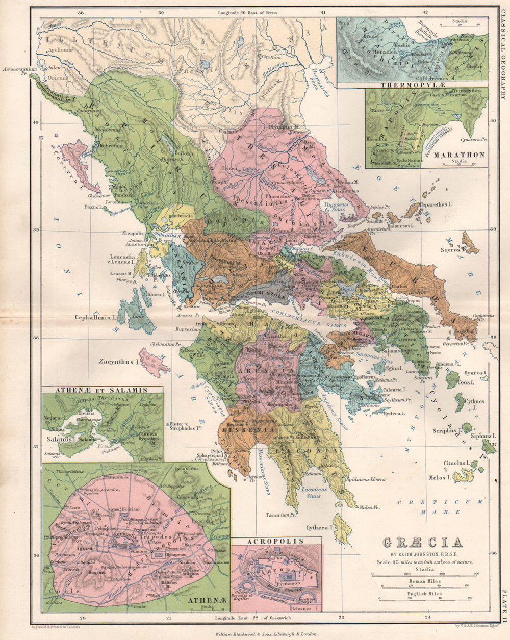 'Graecia'. Ancient Greece. Thermoplyae Marathon Athenae Salamis 1855 old map