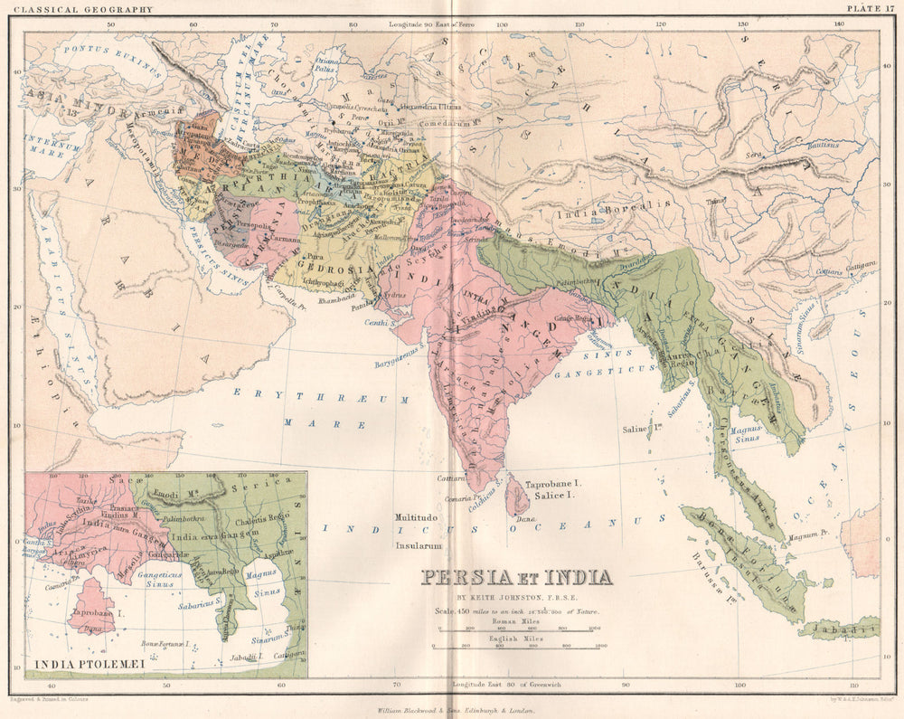 Ancient 'Persia et India', & according to Ptolemy. Indochina. JOHNSTON 1855 map