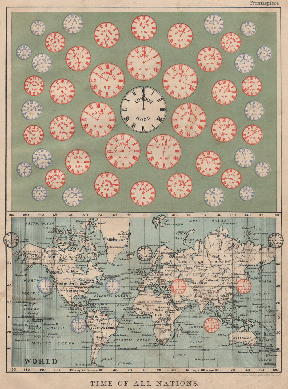 TIME OF ALL NATIONS. predates UTC/standard hourly time zones.  JOHNSTON 1895 map