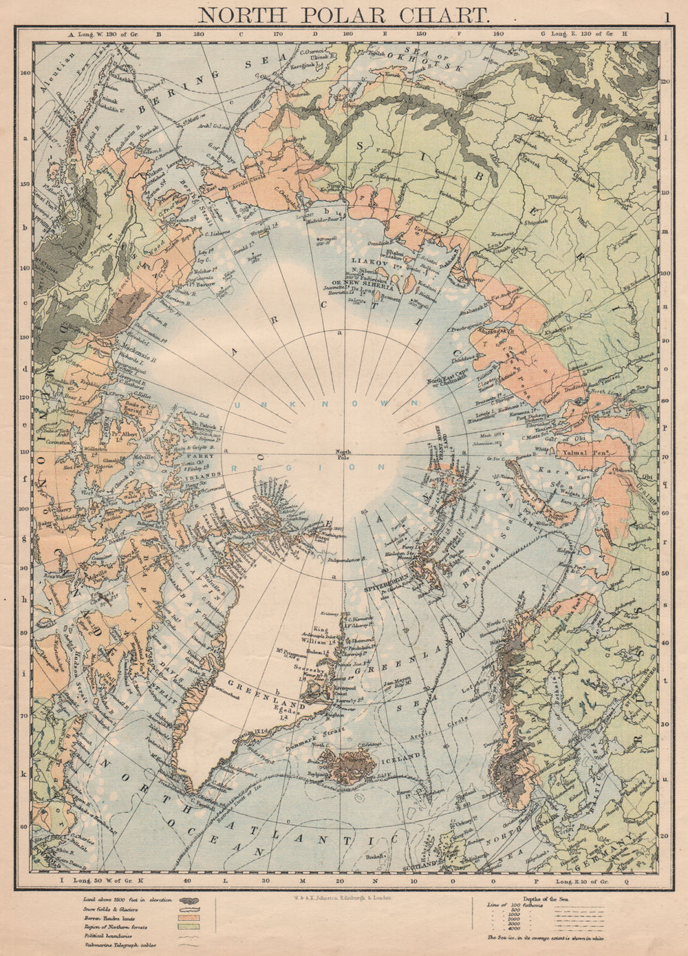 NORTH POLAR CHART. Shows explorers' routes. Nansen 1895. JOHNSTON 1895 old map