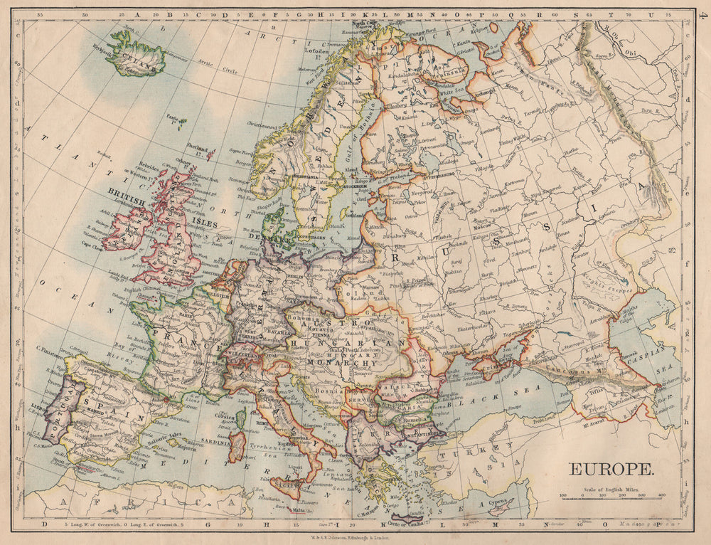 EUROPE POLITICAL. Austria-Hungary. United Sweden & Norway. JOHNSTON 1895 map