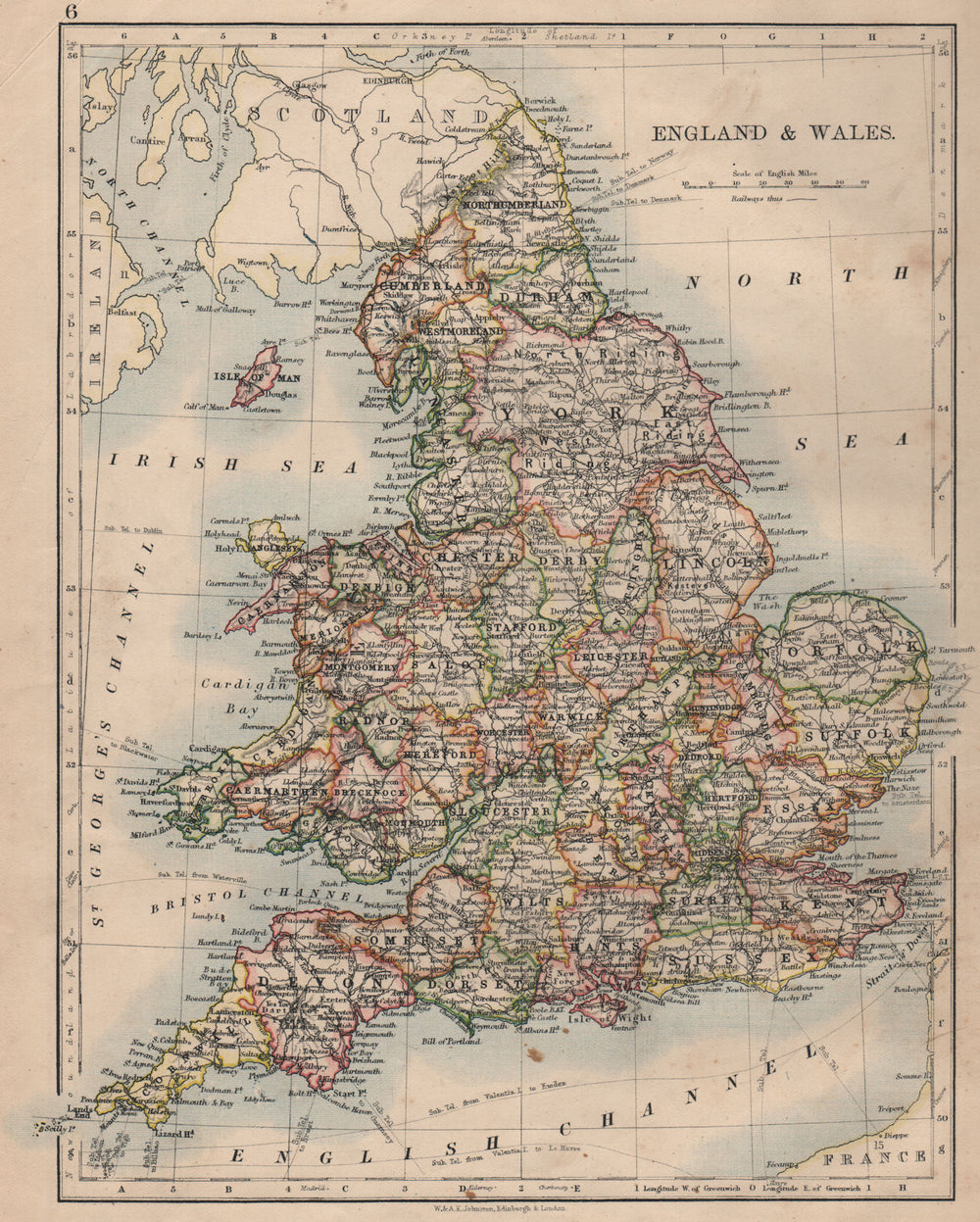 ENGLAND AND WALES. Counties. Westmorland. Telegraph cables.  JOHNSTON 1895 map