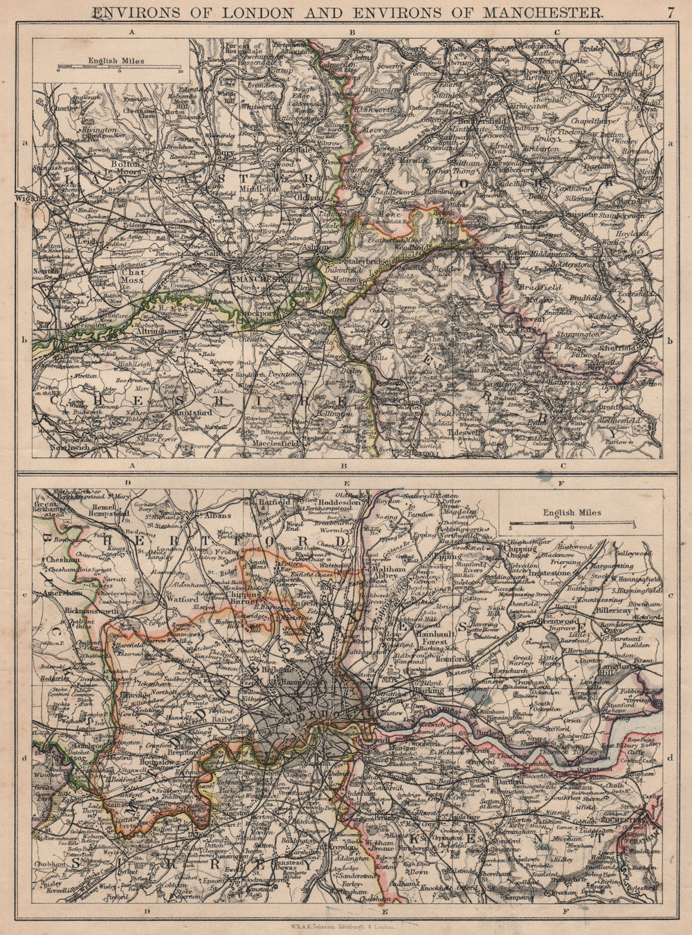 LONDON & MANCHESTER. Environs. Lancs Cheshire Middx Surrey JOHNSTON 1895 map