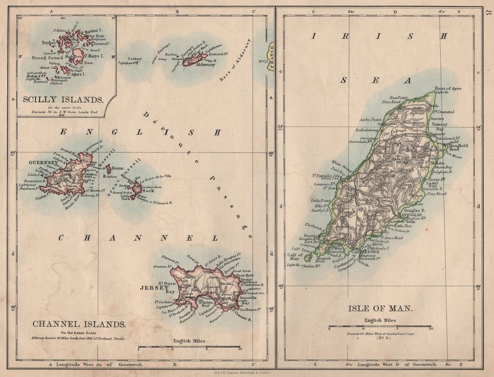 BRITISH ISLANDS. Isle of Man Channel Islands Jersey Guernsey.JOHNSTON 1895 map