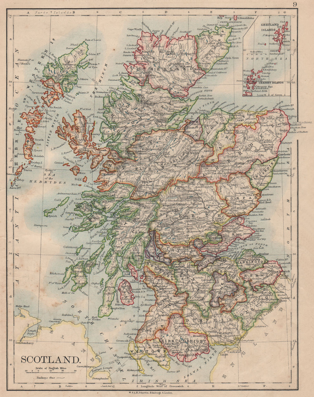 SCOTLAND. Counties. Undersea telegraph cables. JOHNSTON 1895 old antique map