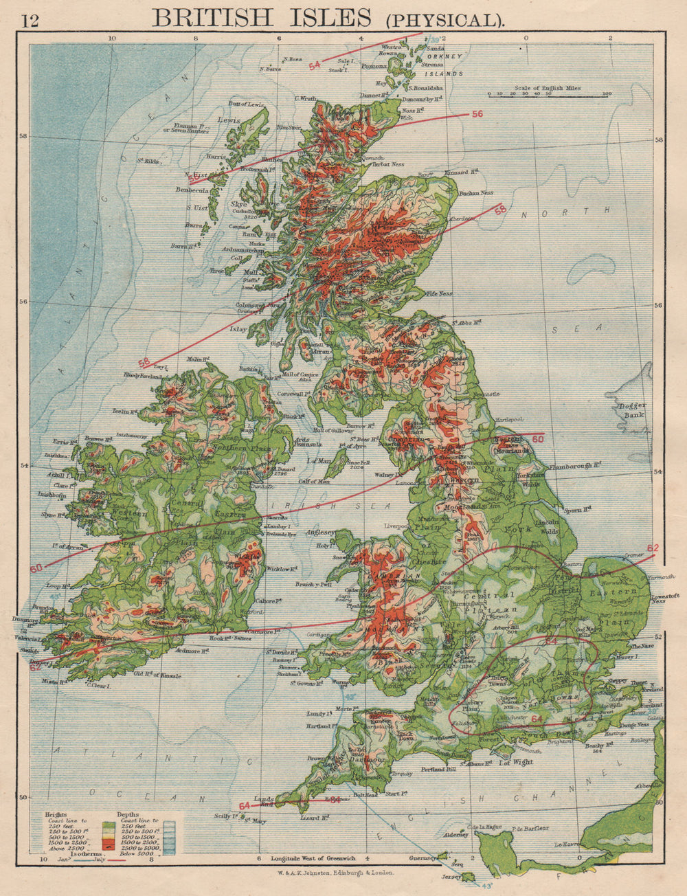 BRITISH ISLES RELIEF. Showing isotherms in January & July. JOHNSTON 1895 map