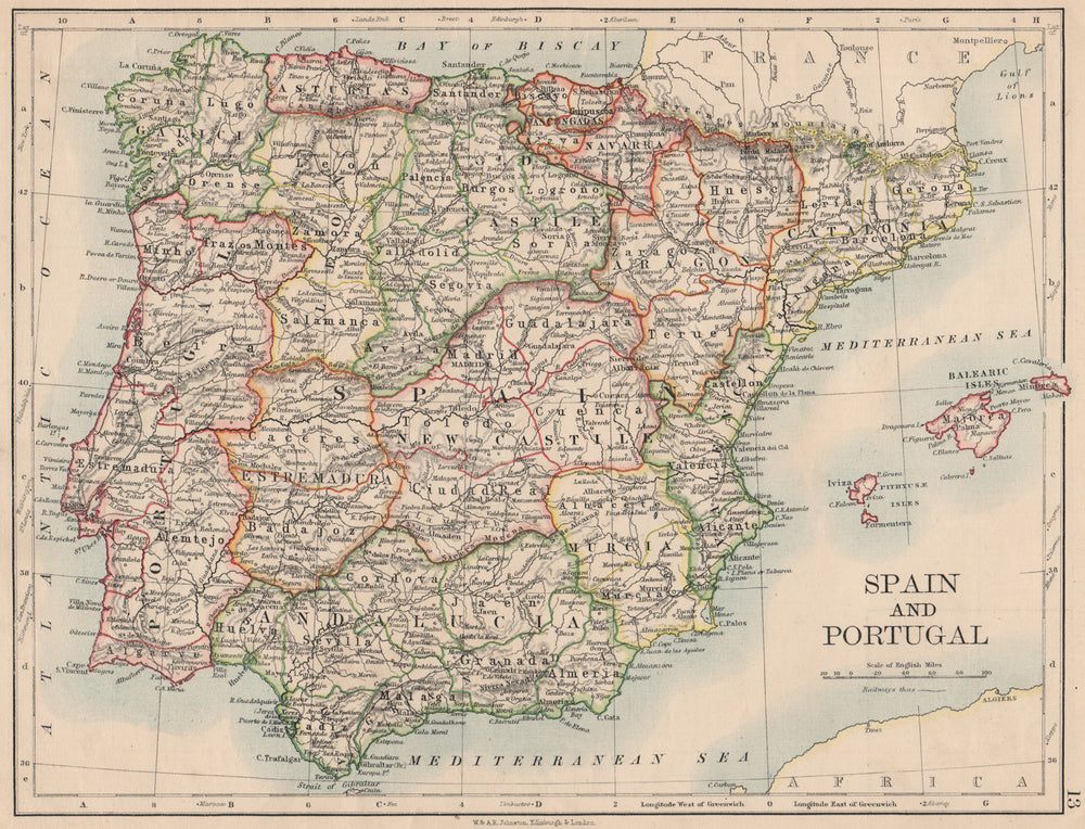 SPAIN AND PORTUGAL. Iberia. Provinces railways. Balearics.  JOHNSTON 1895 map