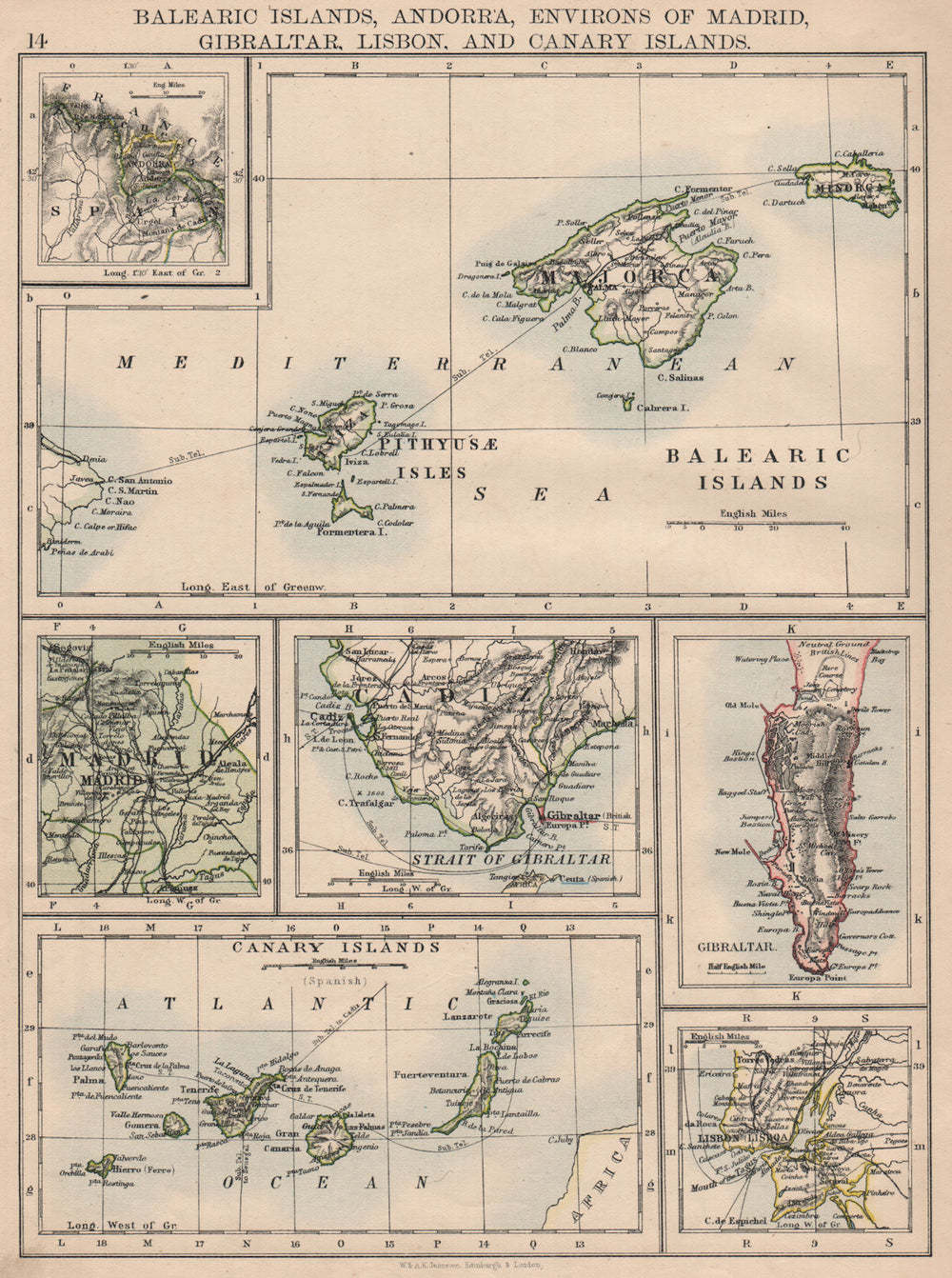 IBERIA. Balearics Canaries Gibraltar Andorra Madrid Lisbon. JOHNSTON 1895 map
