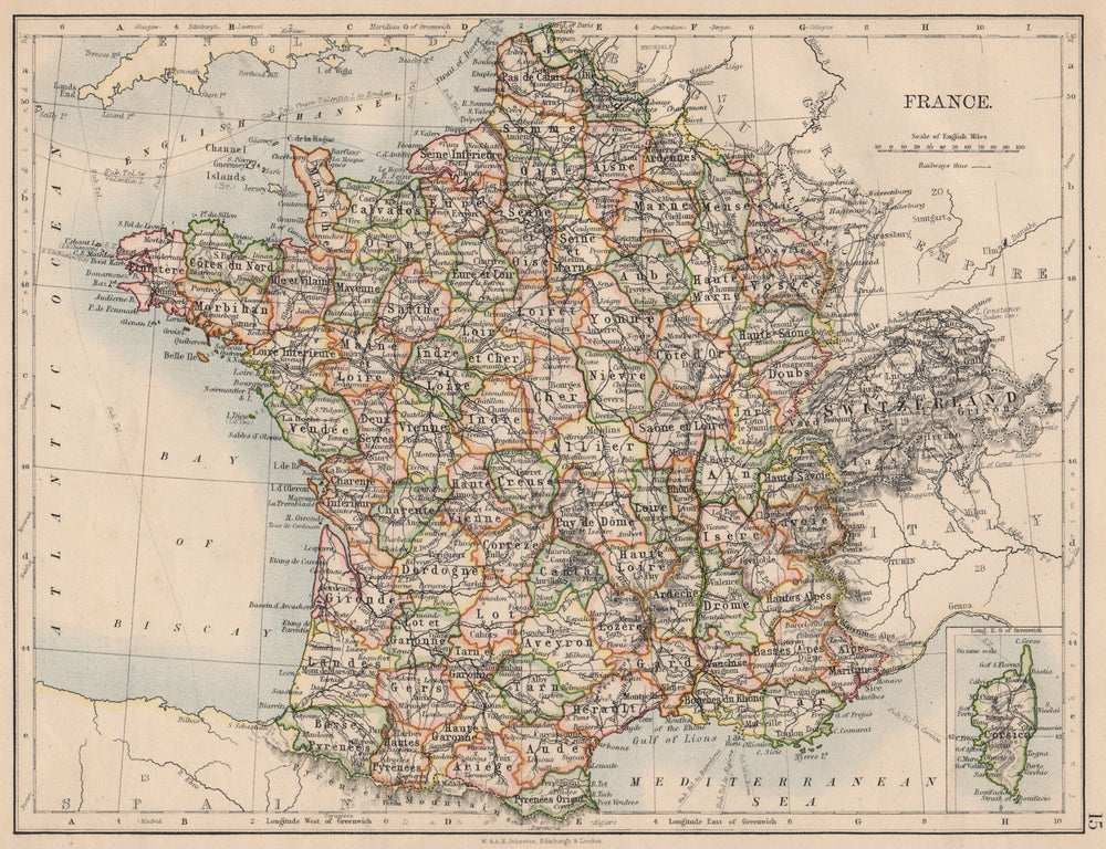 FRANCE. German Alsace & Lorraine. Undersea telegraph cables. JOHNSTON 1895 map