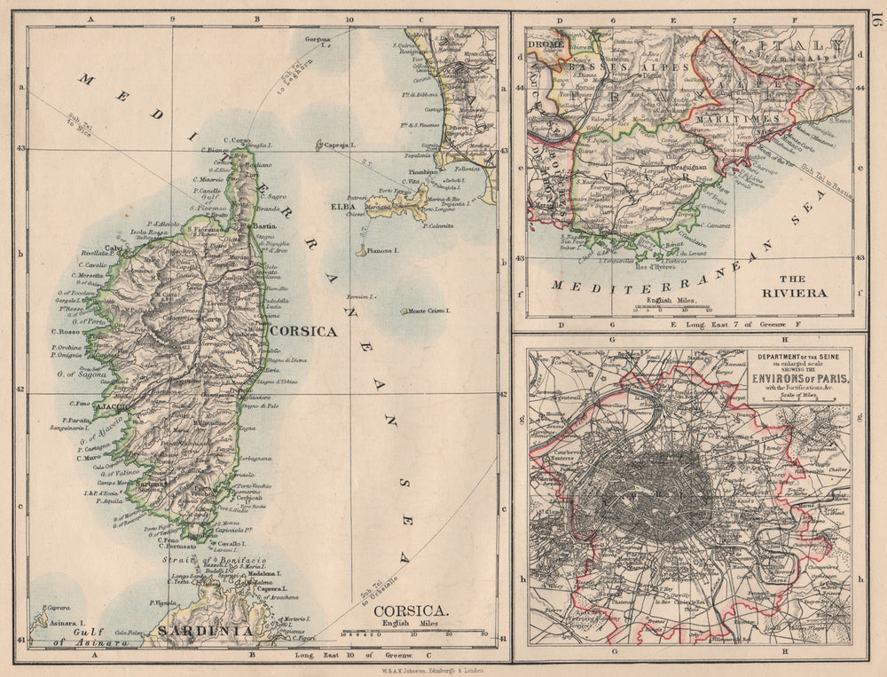 FRANCE. Riviera Côte d'Azur Corsica Paris environs. JOHNSTON 1895 old map
