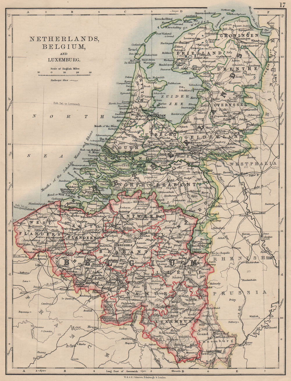 BENELUX.Netherlands Belgium Luxemburg. Holland.  JOHNSTON 1895 old antique map