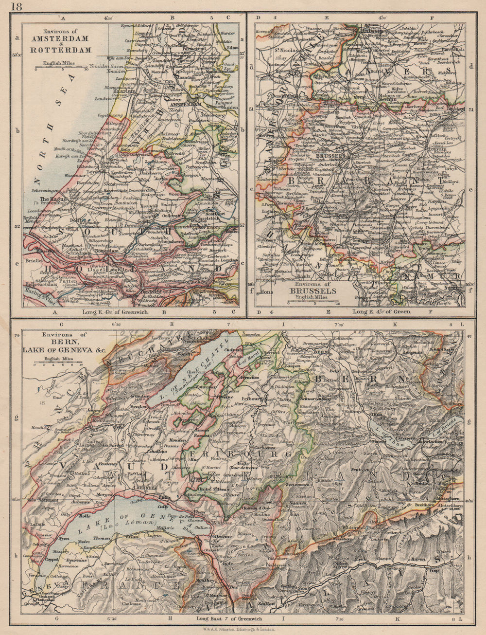BENELUX/SWITZERLAND. Amsterdam Rotterdam Brussel environs. JOHNSTON 1895 map