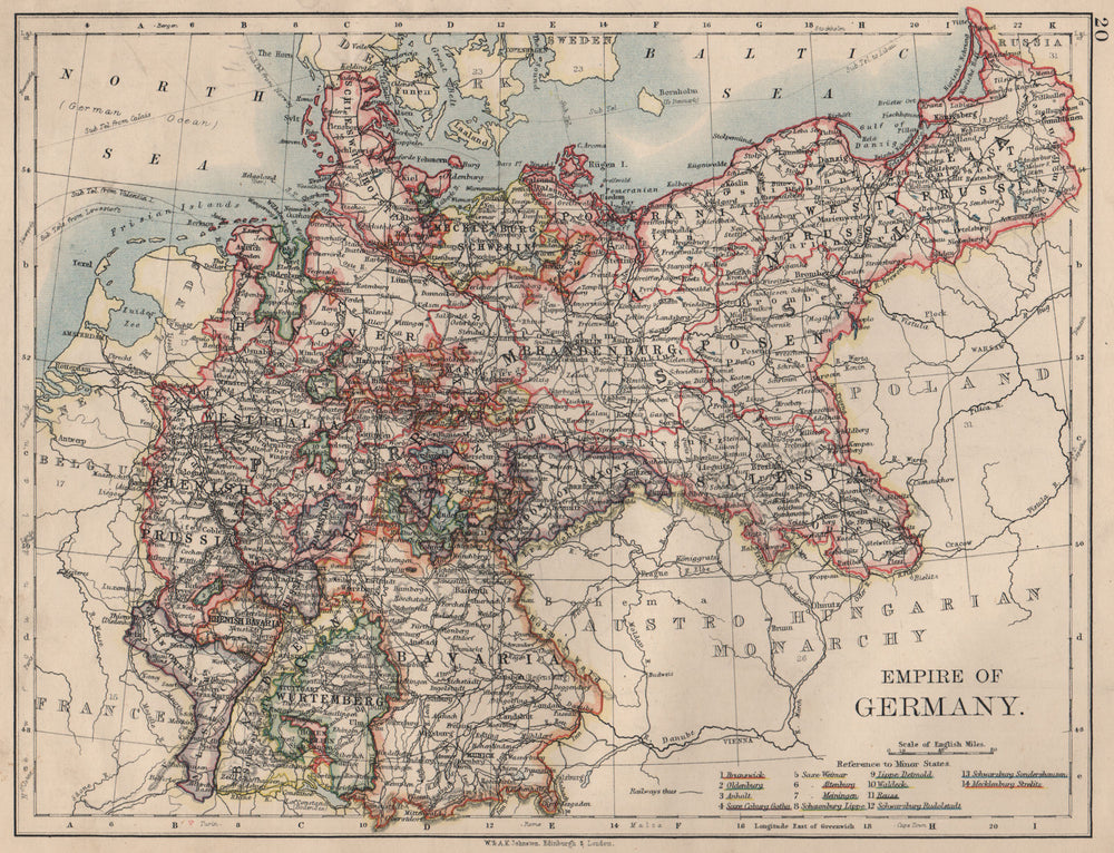 EMPIRE OF GERMANY. States. Prussia Bavaria Alsace Lorraine.  JOHNSTON 1895 map