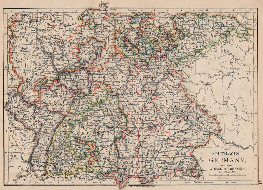 SOUTHERN GERMANY. Bavaria Wurtemberg Saxony Alsace German Lorraine 1895 map