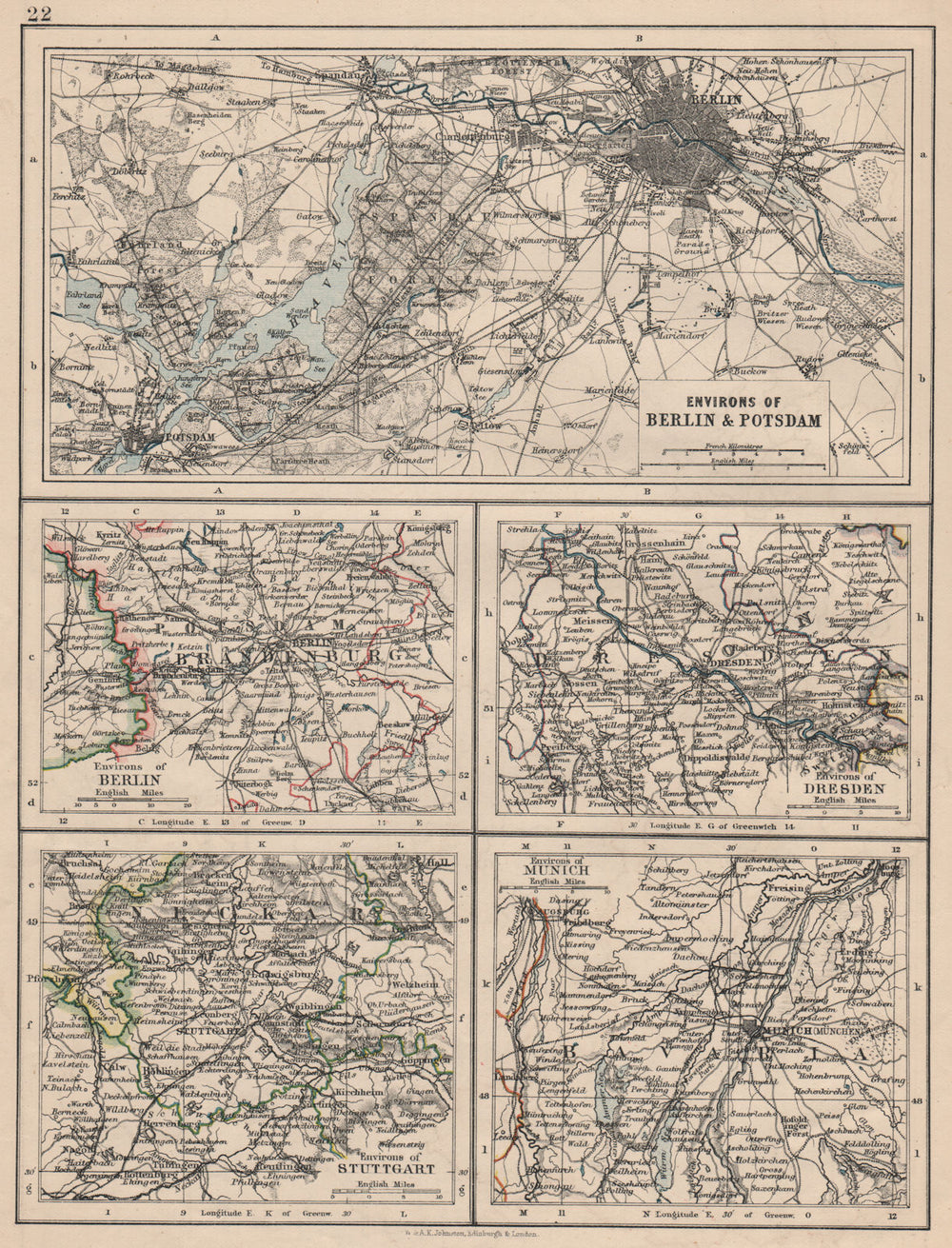 GERMANY CITIES Berlin Dresden Stuttgart Munich JOHNSTON 1895 old antique map