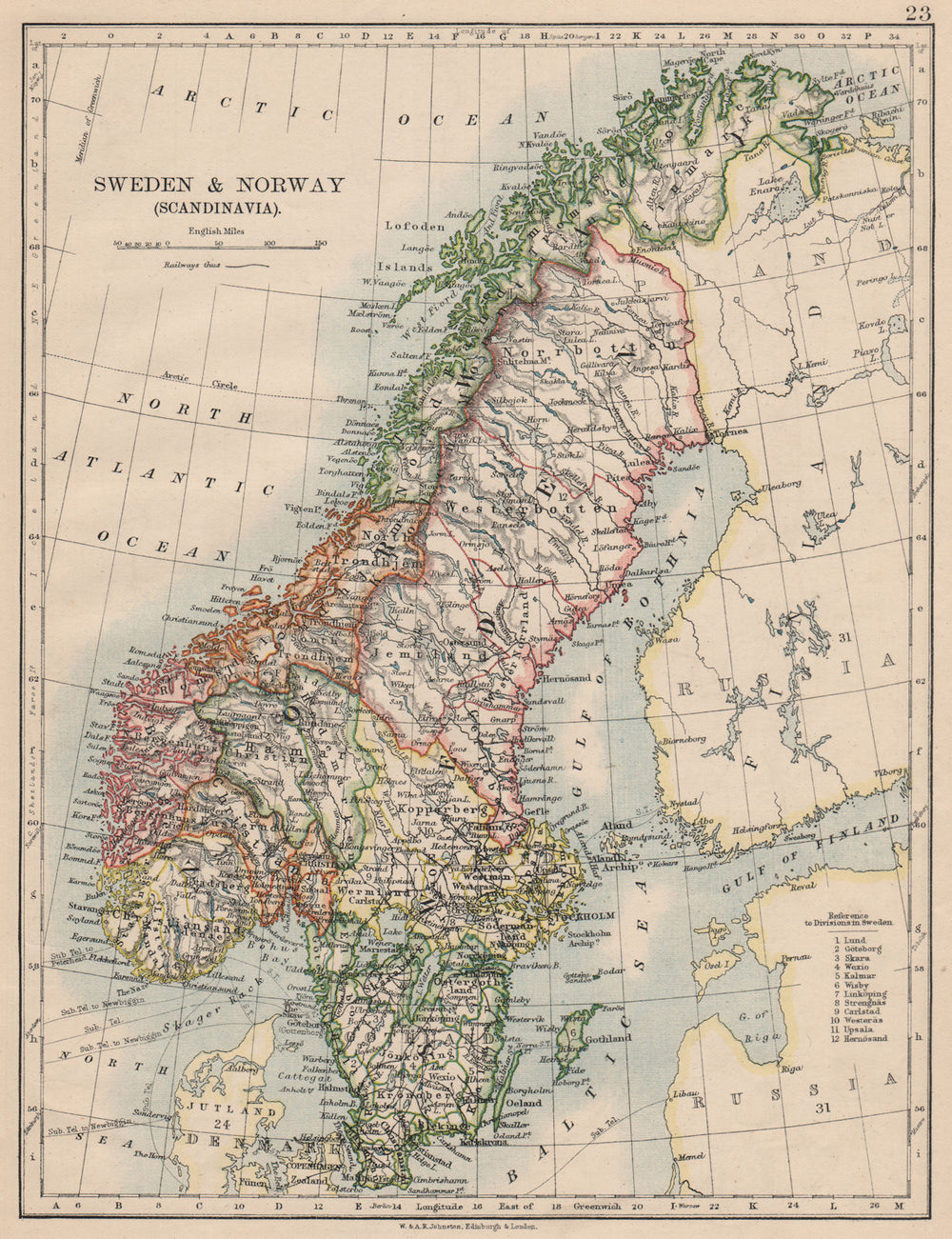 SCANDINAVIA. Sweden Norway.Railways Undersea telegraph cables. JOHNSTON 1895 map