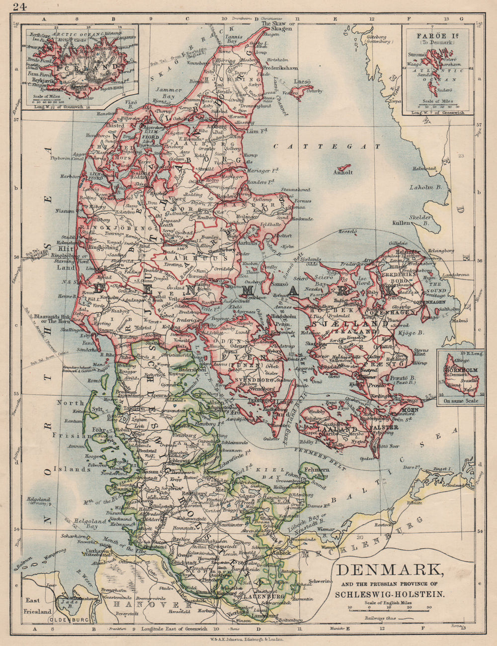 DENMARK SLESVIG-HOLSTEN. Prussian Schleswig-Holstein. JOHNSTON 1895 old map