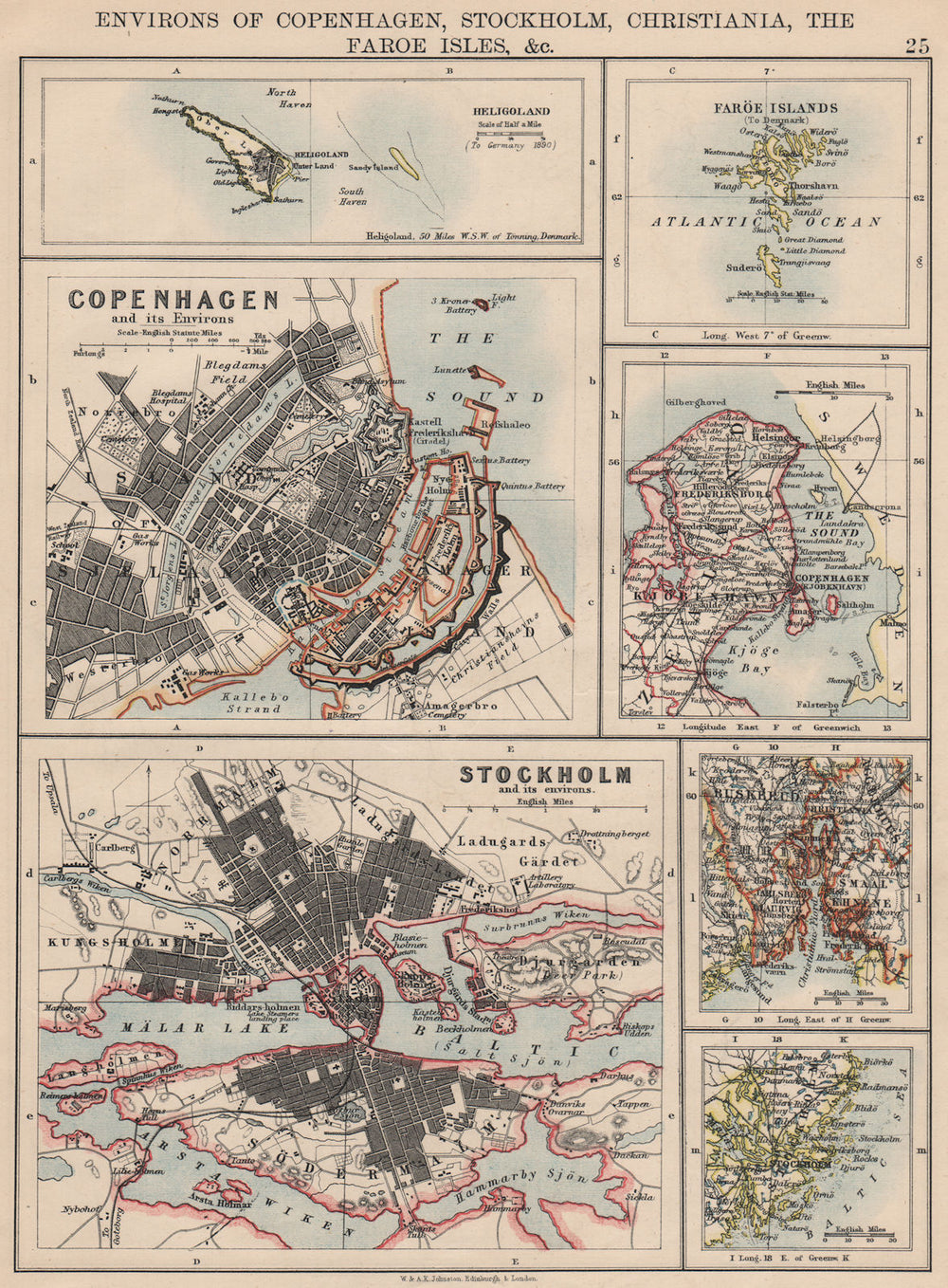 SCANDINAVIAN CITIES. Copenhagen Stockholm Oslo Christiania.JOHNSTON 1895 map