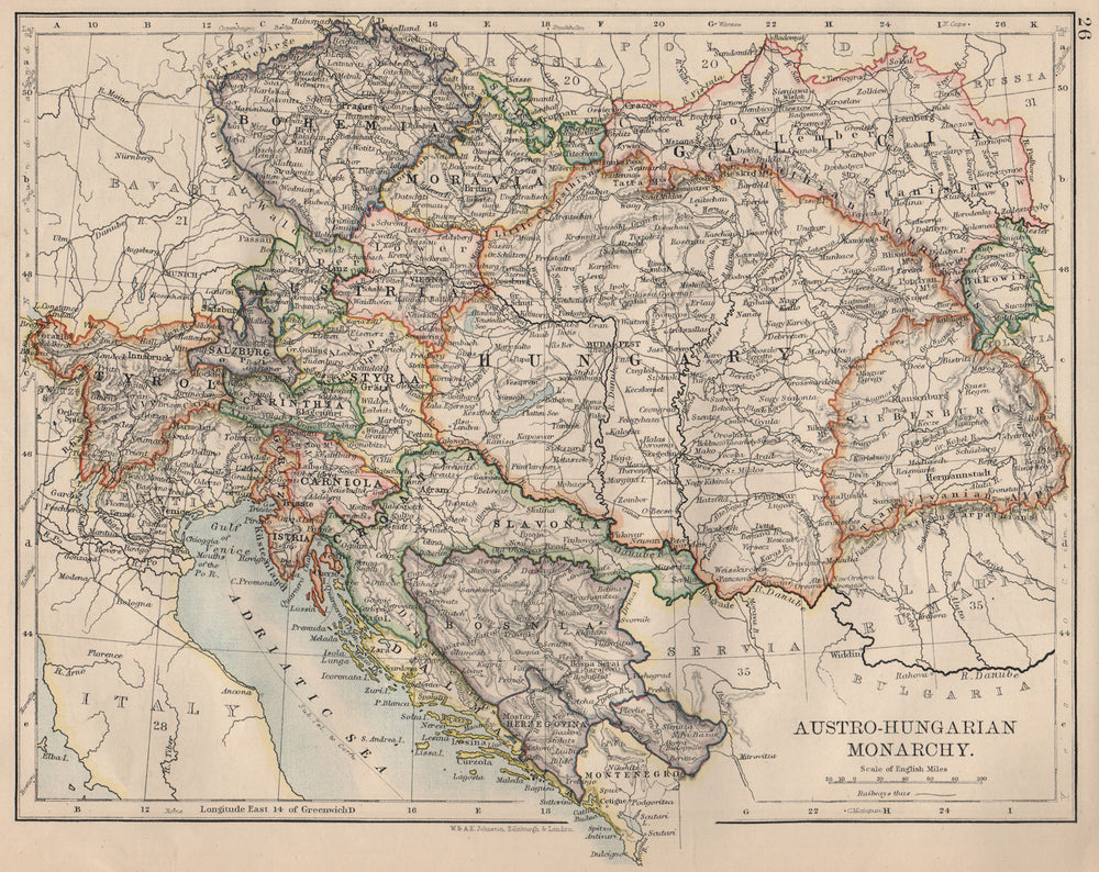 AUSTRO-HUNGARIAN MONARCHY. Dalmatia Slavonia Siebenburgen &c.  JOHNSTON 1895 map