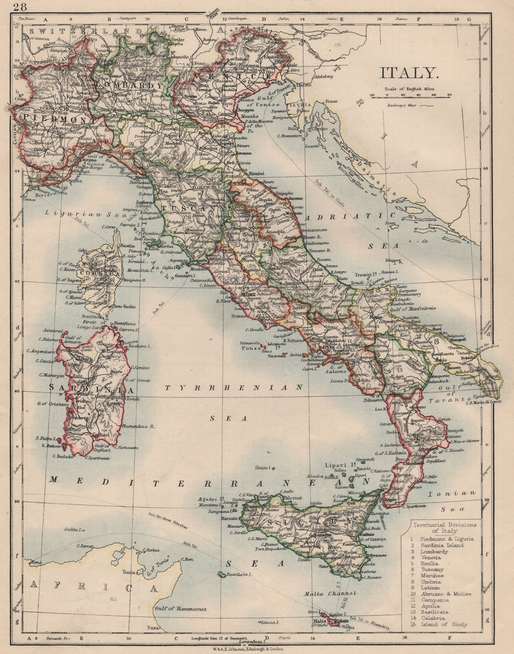ITALY. Showing states/territorial divisions. JOHNSTON 1895 old antique map