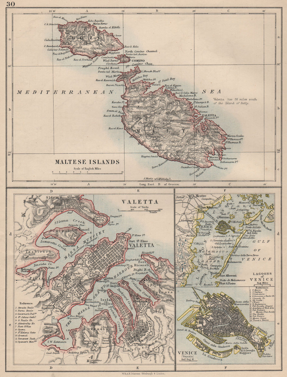 MALTESE ISLANDS. Malta Gozo. Valetta city town plan. +Venice.JOHNSTON 1895 map