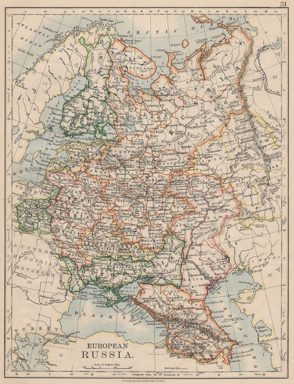 EUROPEAN RUSSIA. Shows Great/Little/West/South Russia.Poland.JOHNSTON 1895 map