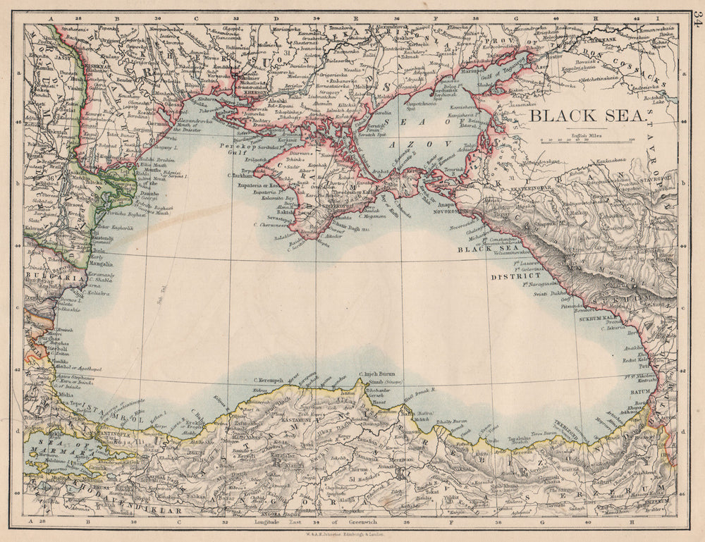 BLACK SEA. Russia Turkey Crimea Romania Bulgaria Kutais. JOHNSTON 1895 old map