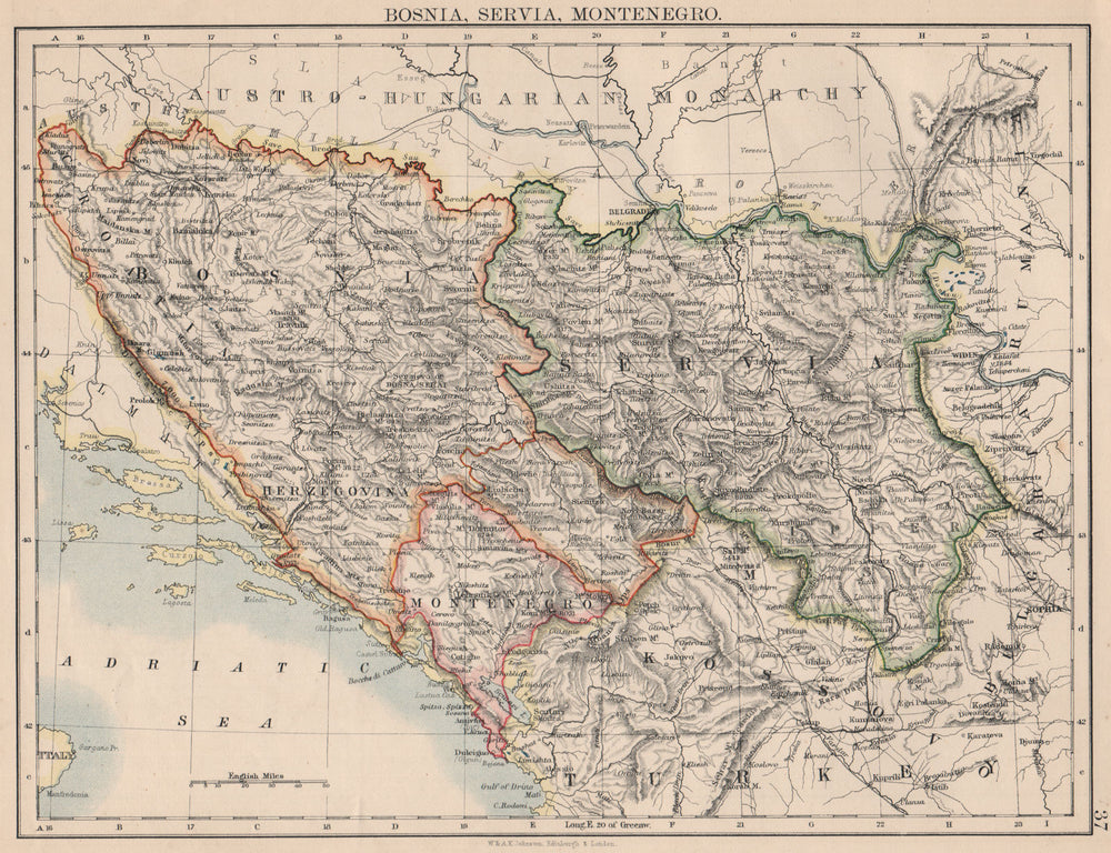 BOSNIA SERVIA MONTENEGRO. Balkans Serbia Croatia Herzegovina.JOHNSTON 1895 map